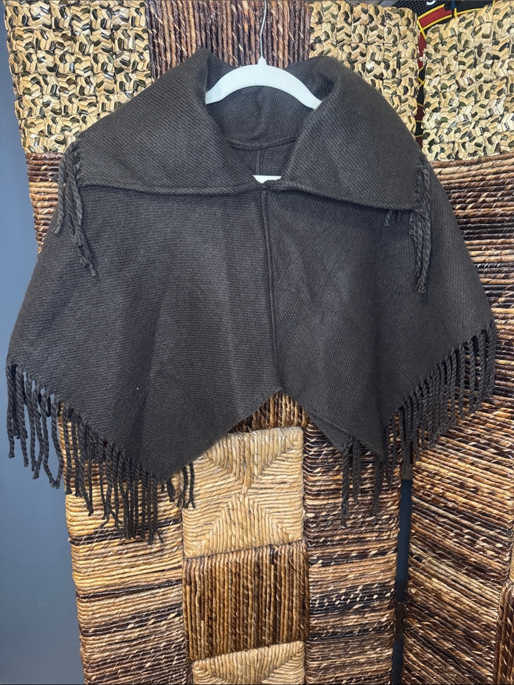 Brown Fringe Hooded Poncho Coat